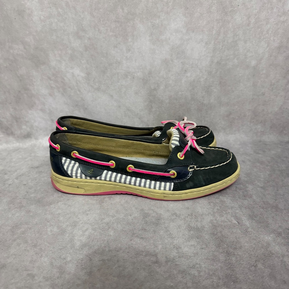 Sperry Top-Sider Boat Shoes Womens 9M Blue Pink Striped Leather Loafers Preppy